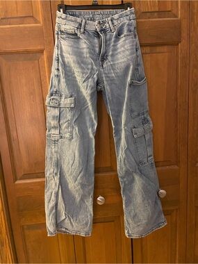 American Eagle Outfitters Washed Light Blue Cargo Flare Jeans